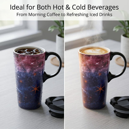 17oz Ceramic Travel Mug with Lid, Galaxy Nebula Space Coffee Mug | Coffee Mug with Handle, Galaxy & Starry Space Design, Spill-Resistant Lid, Microwave & Dishwasher Safe, Gift Box Included