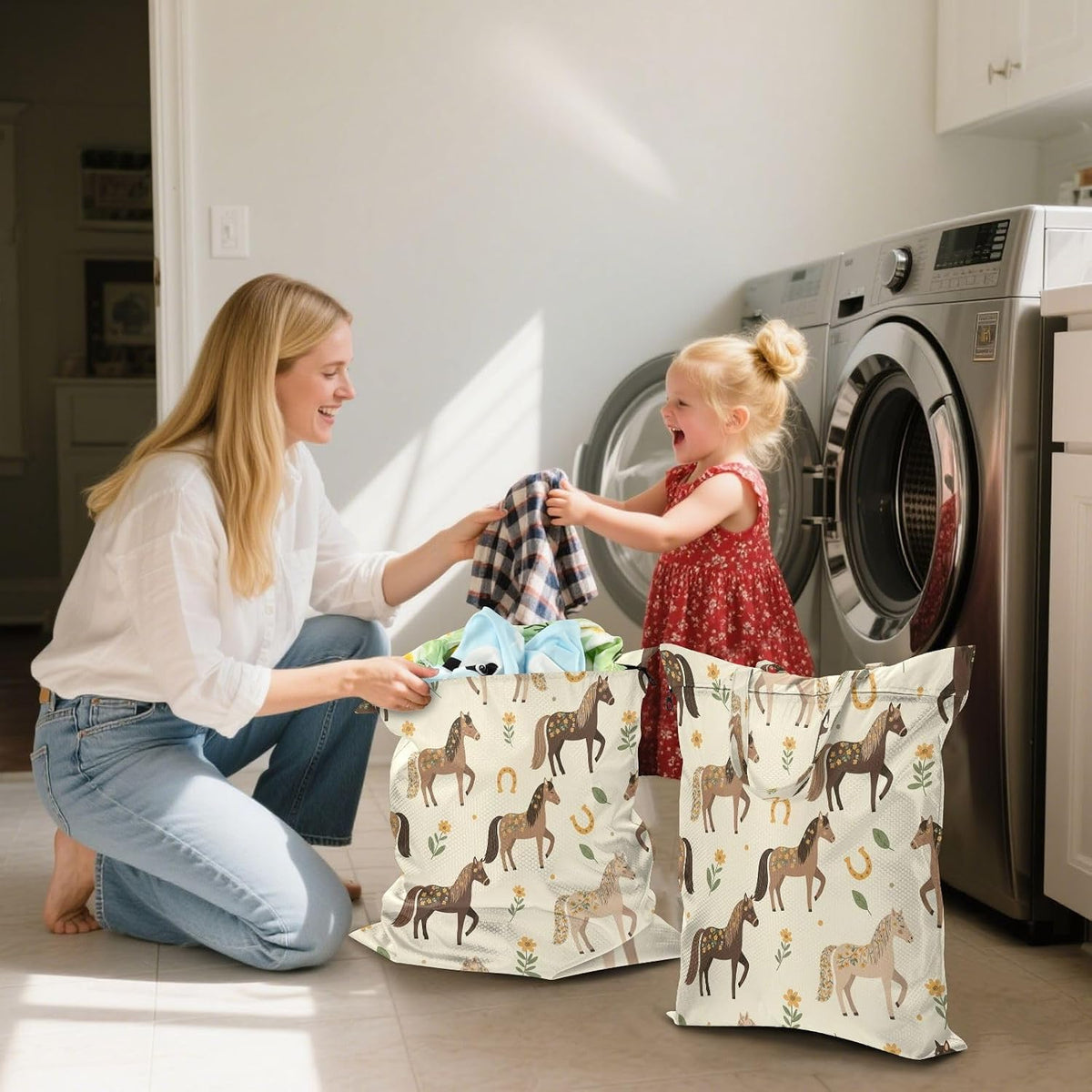 Floral Horses Waterproof Travel Laundry Bag Washable 2 Count