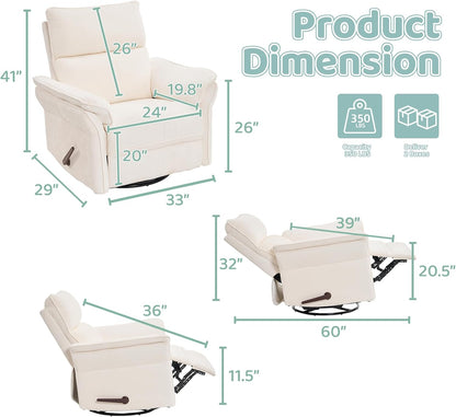 Oversized Swivel Rocker Recliner with Adjustable Headrest, Rocking Chair Nursery with Overstuffed Armrest, Manual Rocker Recliner Nursery Chair for Living Room, White