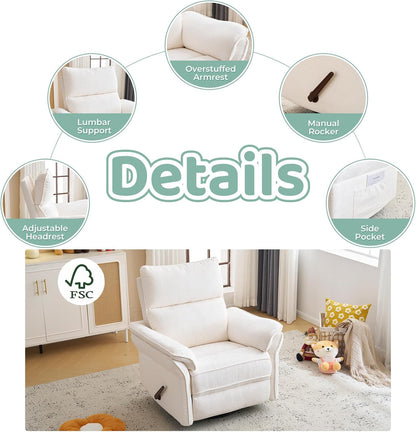 Oversized Swivel Rocker Recliner with Adjustable Headrest, Rocking Chair Nursery with Overstuffed Armrest, Manual Rocker Recliner Nursery Chair for Living Room, White