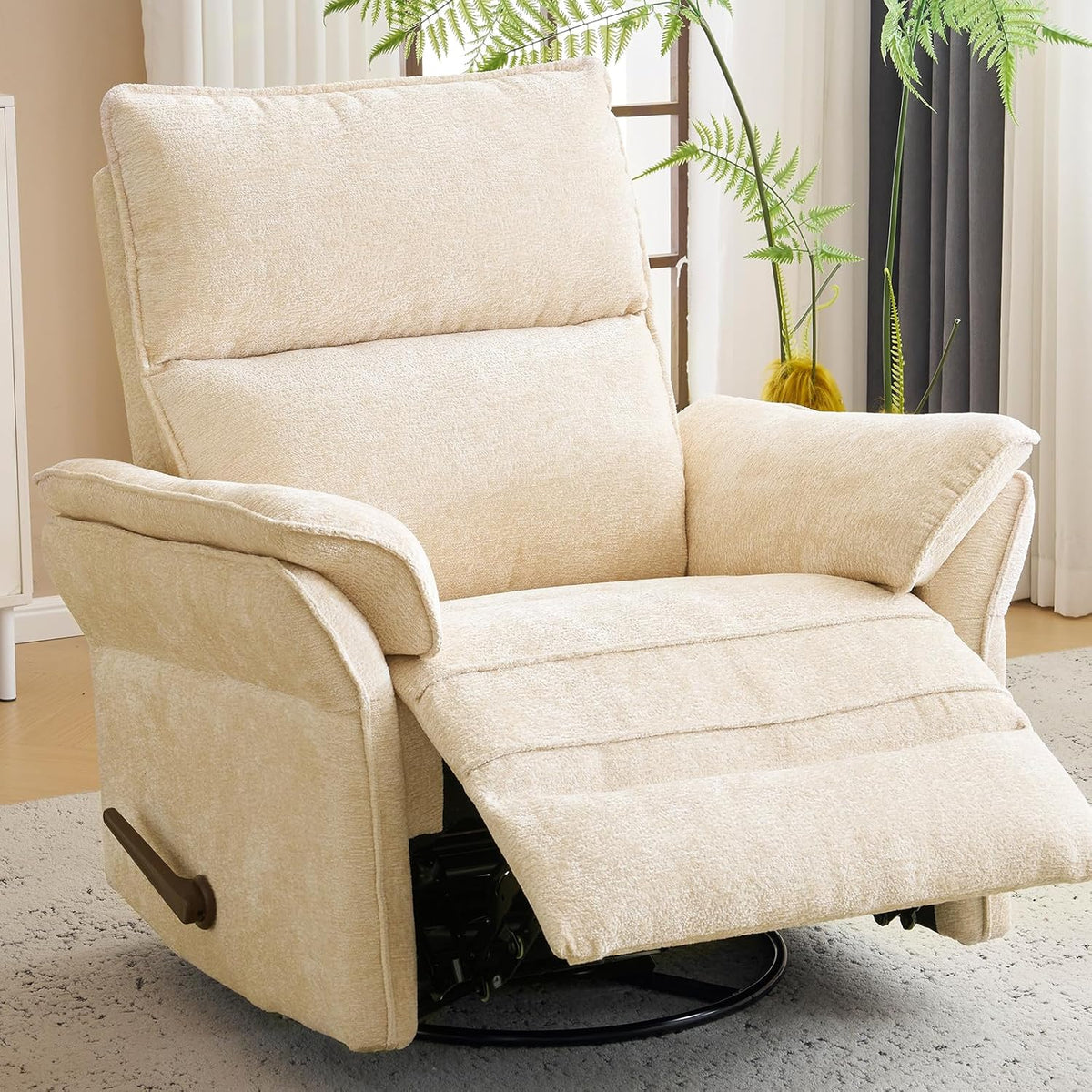 Oversized Swivel Rocker Recliner with Adjustable Headrest, Rocking Chair Nursery with Overstuffed Armrest, Manual Rocker Recliner Nursery Chair for Living Room, White