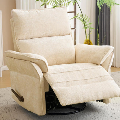 Oversized Swivel Rocker Recliner with Adjustable Headrest, Rocking Chair Nursery with Overstuffed Armrest, Manual Rocker Recliner Nursery Chair for Living Room, White