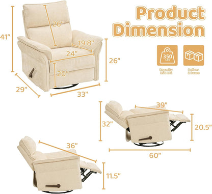 Oversized Swivel Rocker Recliner with Adjustable Headrest, Rocking Chair Nursery with Overstuffed Armrest, Manual Rocker Recliner Nursery Chair for Living Room, White