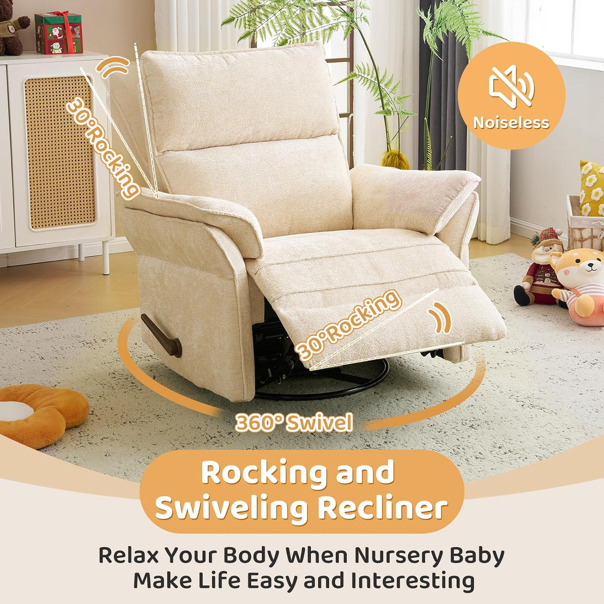 Oversized Swivel Rocker Recliner with Adjustable Headrest, Rocking Chair Nursery with Overstuffed Armrest, Manual Rocker Recliner Nursery Chair for Living Room, White