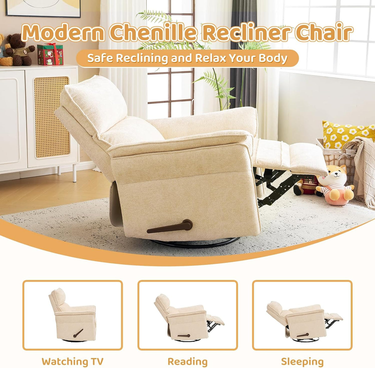 Oversized Swivel Rocker Recliner with Adjustable Headrest, Rocking Chair Nursery with Overstuffed Armrest, Manual Rocker Recliner Nursery Chair for Living Room, White