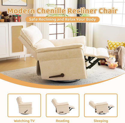Oversized Swivel Rocker Recliner with Adjustable Headrest, Rocking Chair Nursery with Overstuffed Armrest, Manual Rocker Recliner Nursery Chair for Living Room, White