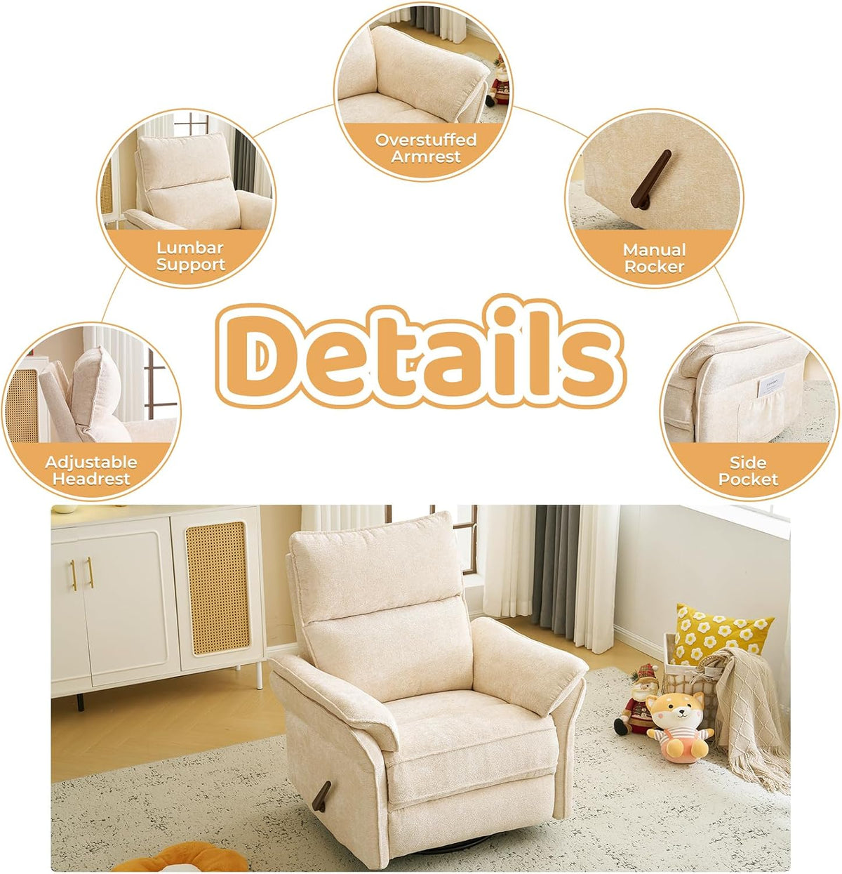 Oversized Swivel Rocker Recliner with Adjustable Headrest, Rocking Chair Nursery with Overstuffed Armrest, Manual Rocker Recliner Nursery Chair for Living Room, White