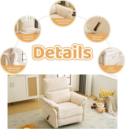 Oversized Swivel Rocker Recliner with Adjustable Headrest, Rocking Chair Nursery with Overstuffed Armrest, Manual Rocker Recliner Nursery Chair for Living Room, White