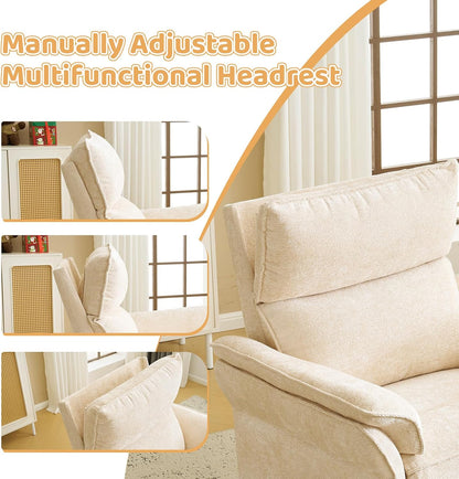 Oversized Swivel Rocker Recliner with Adjustable Headrest, Rocking Chair Nursery with Overstuffed Armrest, Manual Rocker Recliner Nursery Chair for Living Room, White