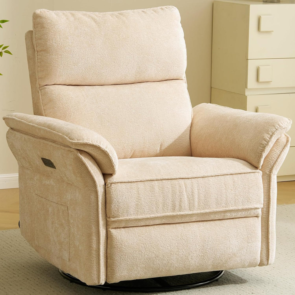 Oversized Swivel Rocker Recliner with Adjustable Headrest, Rocking Chair Nursery with Overstuffed Armrest, Manual Rocker Recliner Nursery Chair for Living Room, White