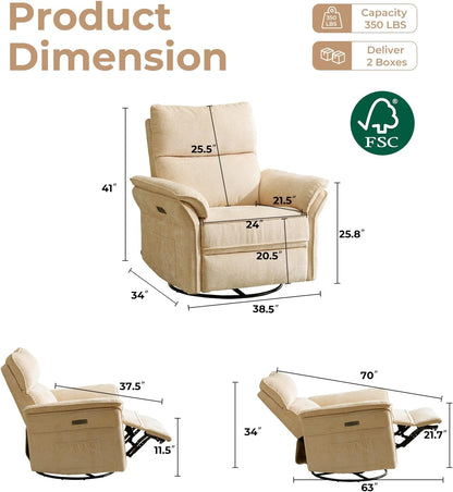 Oversized Swivel Rocker Recliner with Adjustable Headrest, Rocking Chair Nursery with Overstuffed Armrest, Manual Rocker Recliner Nursery Chair for Living Room, White