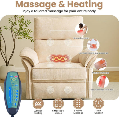 Oversized Swivel Rocker Recliner with Adjustable Headrest, Rocking Chair Nursery with Overstuffed Armrest, Manual Rocker Recliner Nursery Chair for Living Room, White