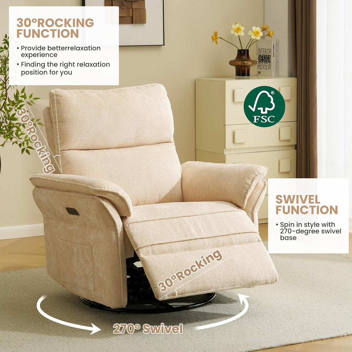 Oversized Swivel Rocker Recliner with Adjustable Headrest, Rocking Chair Nursery with Overstuffed Armrest, Manual Rocker Recliner Nursery Chair for Living Room, White