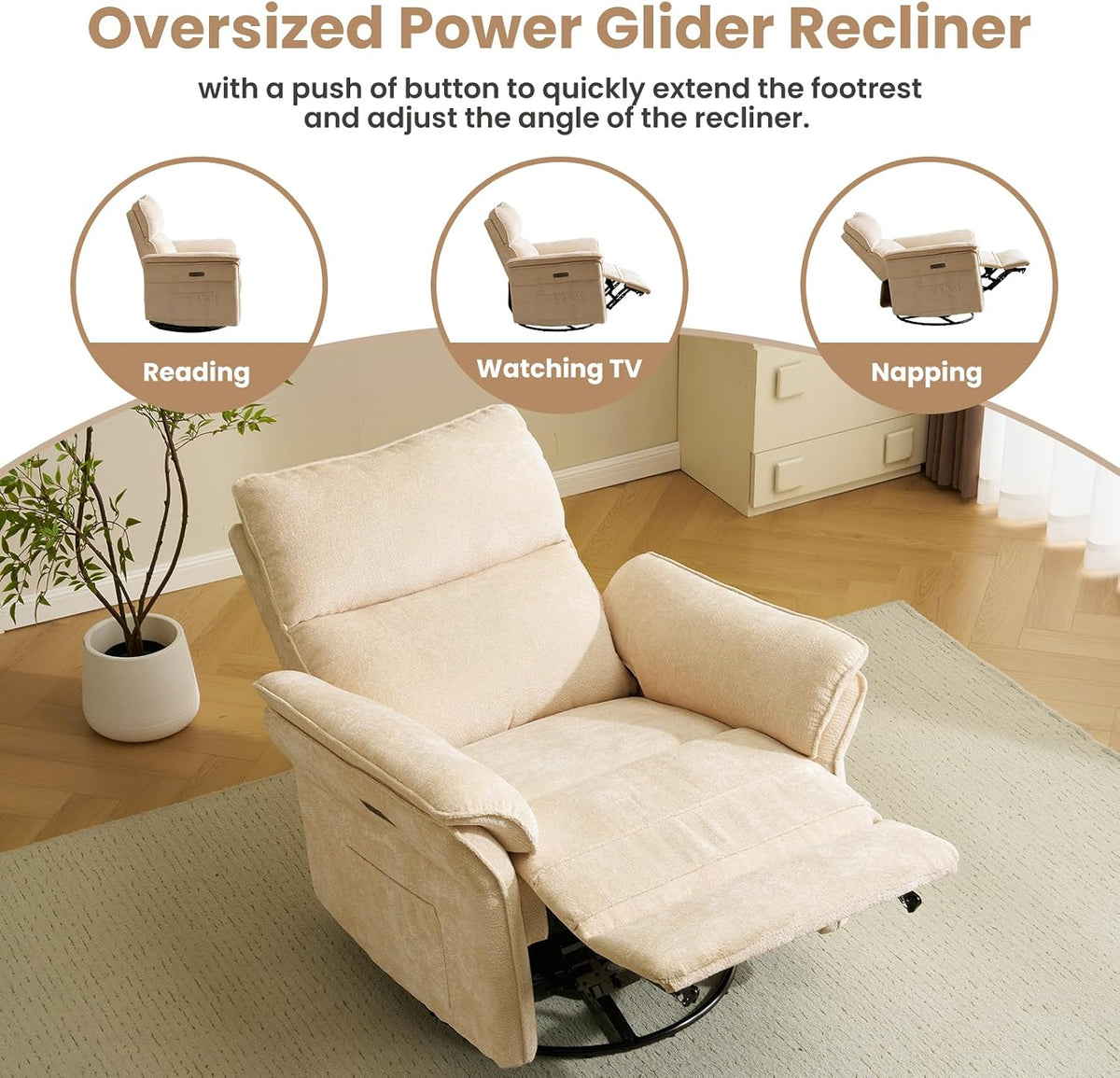 Oversized Swivel Rocker Recliner with Adjustable Headrest, Rocking Chair Nursery with Overstuffed Armrest, Manual Rocker Recliner Nursery Chair for Living Room, White