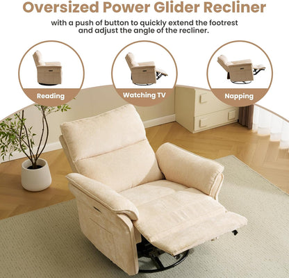 Oversized Swivel Rocker Recliner with Adjustable Headrest, Rocking Chair Nursery with Overstuffed Armrest, Manual Rocker Recliner Nursery Chair for Living Room, White