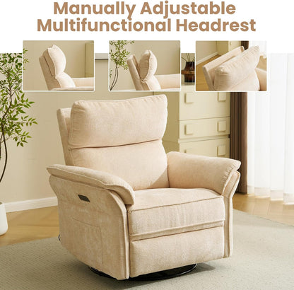 Oversized Swivel Rocker Recliner with Adjustable Headrest, Rocking Chair Nursery with Overstuffed Armrest, Manual Rocker Recliner Nursery Chair for Living Room, White