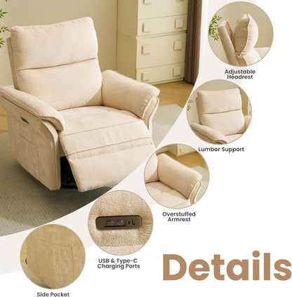 Oversized Swivel Rocker Recliner with Adjustable Headrest, Rocking Chair Nursery with Overstuffed Armrest, Manual Rocker Recliner Nursery Chair for Living Room, White