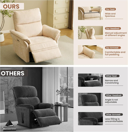 Oversized Swivel Rocker Recliner with Adjustable Headrest, Rocking Chair Nursery with Overstuffed Armrest, Manual Rocker Recliner Nursery Chair for Living Room, White