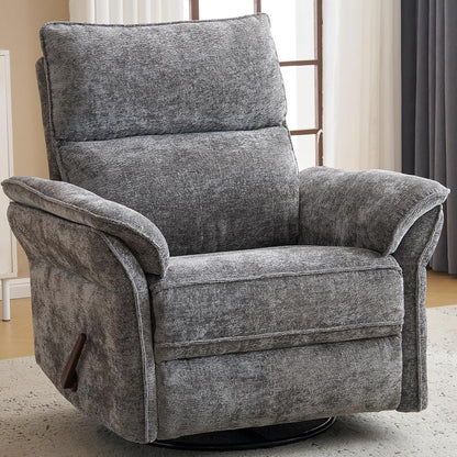 Oversized Swivel Rocker Recliner with Adjustable Headrest, Rocking Chair Nursery with Overstuffed Armrest, Manual Rocker Recliner Nursery Chair for Living Room, White