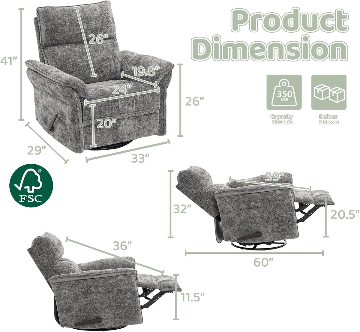 Oversized Swivel Rocker Recliner with Adjustable Headrest, Rocking Chair Nursery with Overstuffed Armrest, Manual Rocker Recliner Nursery Chair for Living Room, White