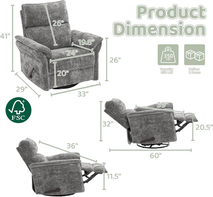 Oversized Swivel Rocker Recliner with Adjustable Headrest, Rocking Chair Nursery with Overstuffed Armrest, Manual Rocker Recliner Nursery Chair for Living Room, White