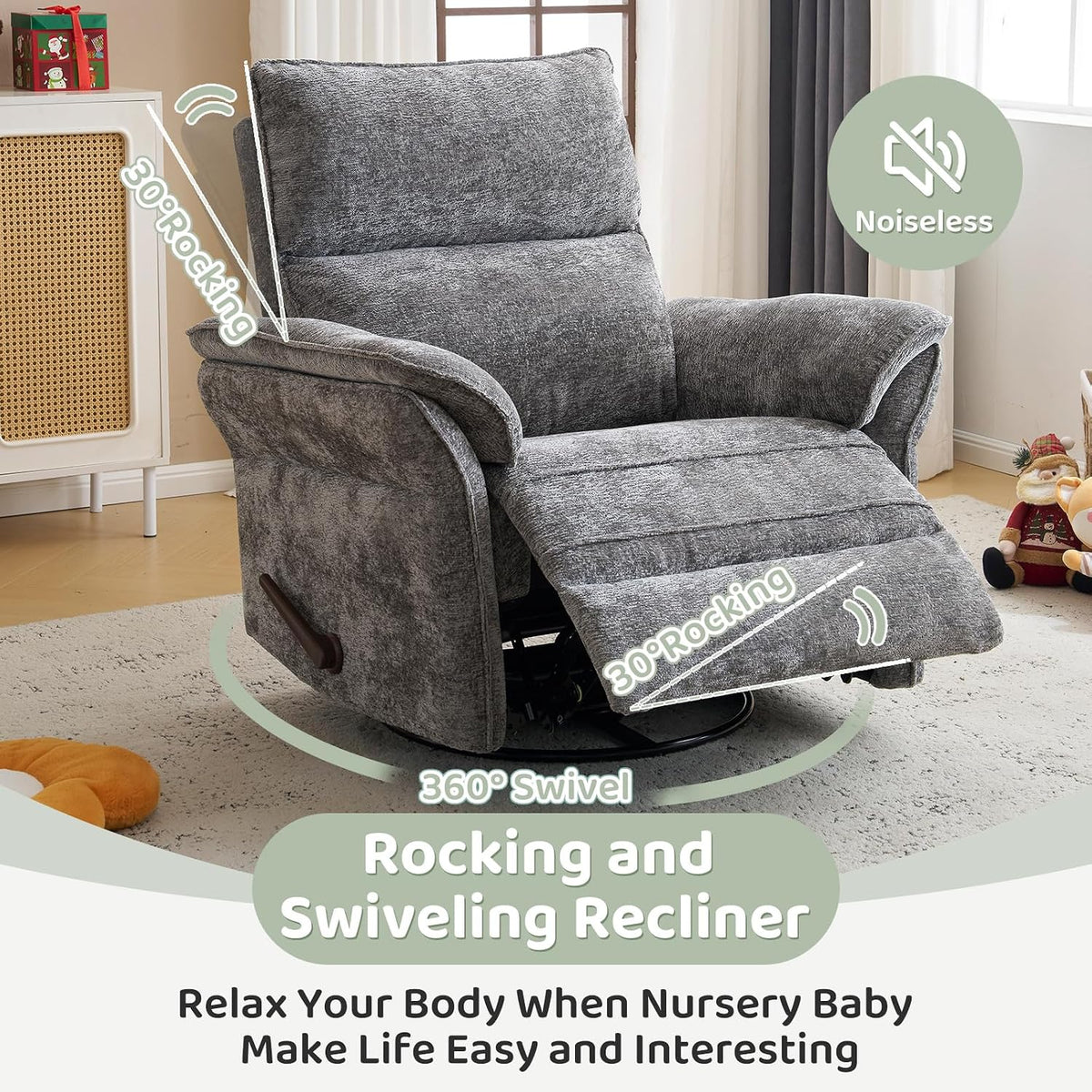 Oversized Swivel Rocker Recliner with Adjustable Headrest, Rocking Chair Nursery with Overstuffed Armrest, Manual Rocker Recliner Nursery Chair for Living Room, White