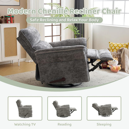Oversized Swivel Rocker Recliner with Adjustable Headrest, Rocking Chair Nursery with Overstuffed Armrest, Manual Rocker Recliner Nursery Chair for Living Room, White