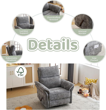 Oversized Swivel Rocker Recliner with Adjustable Headrest, Rocking Chair Nursery with Overstuffed Armrest, Manual Rocker Recliner Nursery Chair for Living Room, White