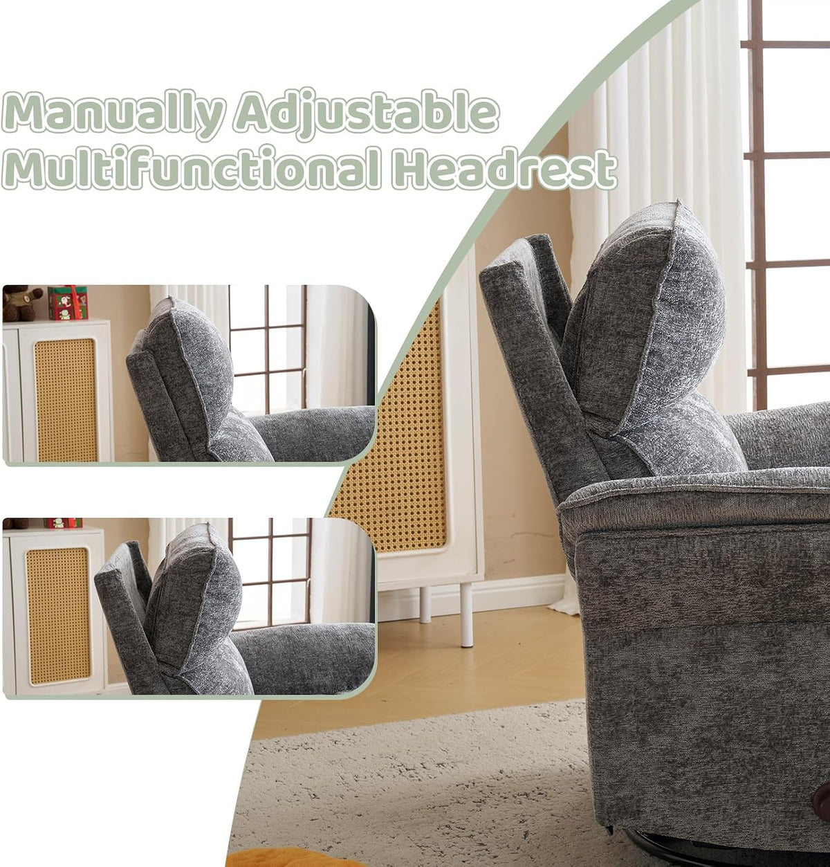 Oversized Swivel Rocker Recliner with Adjustable Headrest, Rocking Chair Nursery with Overstuffed Armrest, Manual Rocker Recliner Nursery Chair for Living Room, White