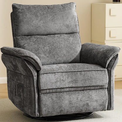 Oversized Swivel Rocker Recliner with Adjustable Headrest, Rocking Chair Nursery with Overstuffed Armrest, Manual Rocker Recliner Nursery Chair for Living Room, White