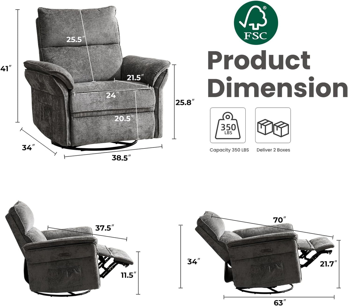 Oversized Swivel Rocker Recliner with Adjustable Headrest, Rocking Chair Nursery with Overstuffed Armrest, Manual Rocker Recliner Nursery Chair for Living Room, White