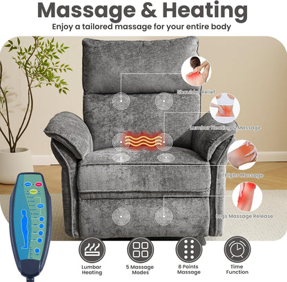 Oversized Swivel Rocker Recliner with Adjustable Headrest, Rocking Chair Nursery with Overstuffed Armrest, Manual Rocker Recliner Nursery Chair for Living Room, White