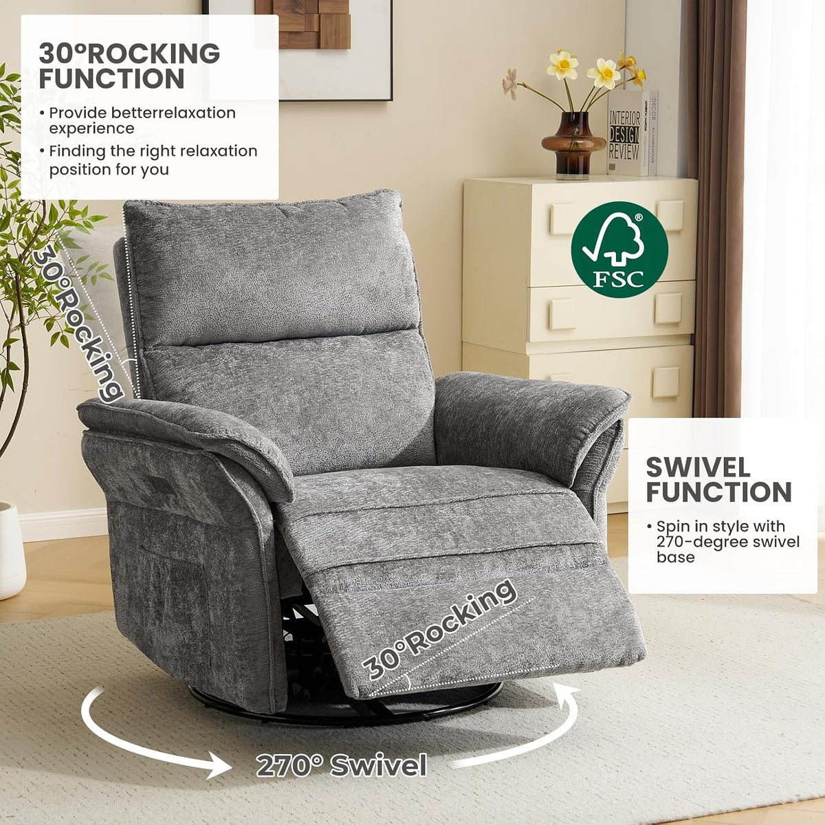 Oversized Swivel Rocker Recliner with Adjustable Headrest, Rocking Chair Nursery with Overstuffed Armrest, Manual Rocker Recliner Nursery Chair for Living Room, White