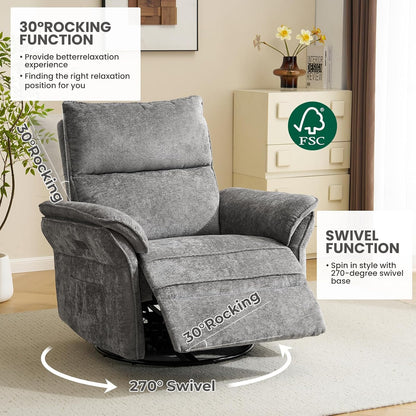 Oversized Swivel Rocker Recliner with Adjustable Headrest, Rocking Chair Nursery with Overstuffed Armrest, Manual Rocker Recliner Nursery Chair for Living Room, White