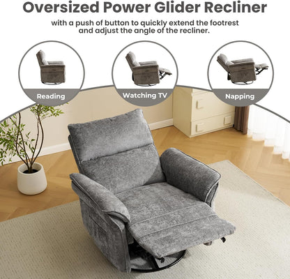 Oversized Swivel Rocker Recliner with Adjustable Headrest, Rocking Chair Nursery with Overstuffed Armrest, Manual Rocker Recliner Nursery Chair for Living Room, White