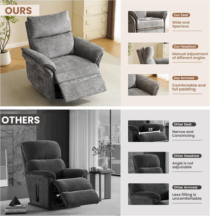 Oversized Swivel Rocker Recliner with Adjustable Headrest, Rocking Chair Nursery with Overstuffed Armrest, Manual Rocker Recliner Nursery Chair for Living Room, White