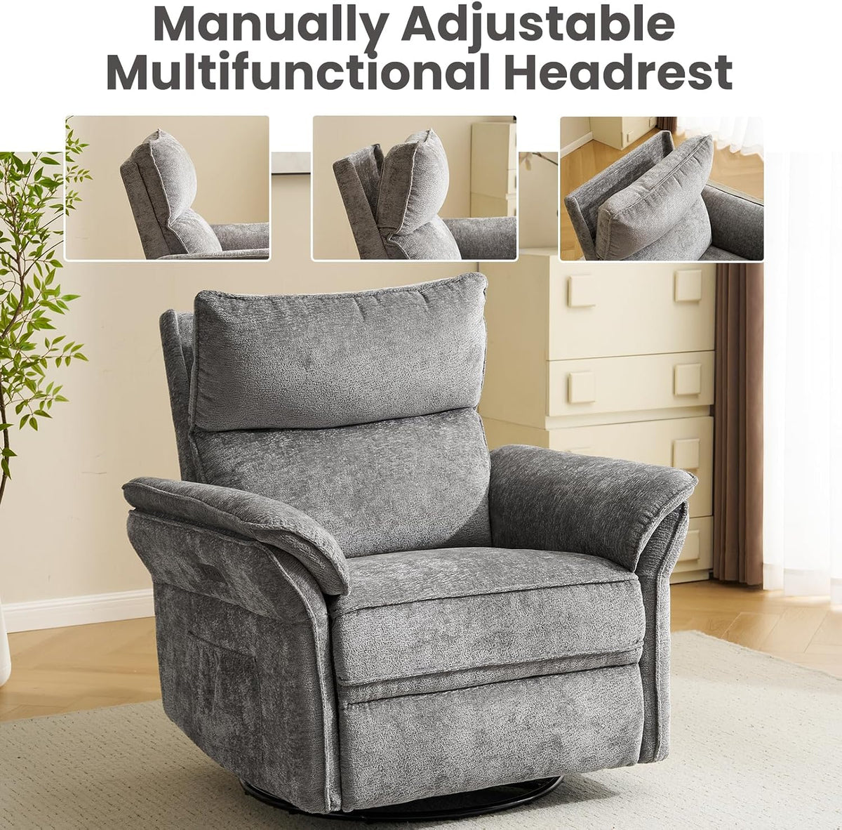 Oversized Swivel Rocker Recliner with Adjustable Headrest, Rocking Chair Nursery with Overstuffed Armrest, Manual Rocker Recliner Nursery Chair for Living Room, White