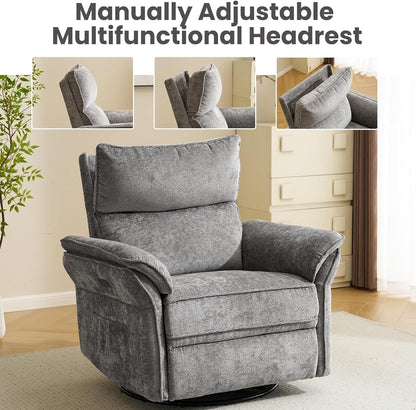 Oversized Swivel Rocker Recliner with Adjustable Headrest, Rocking Chair Nursery with Overstuffed Armrest, Manual Rocker Recliner Nursery Chair for Living Room, White