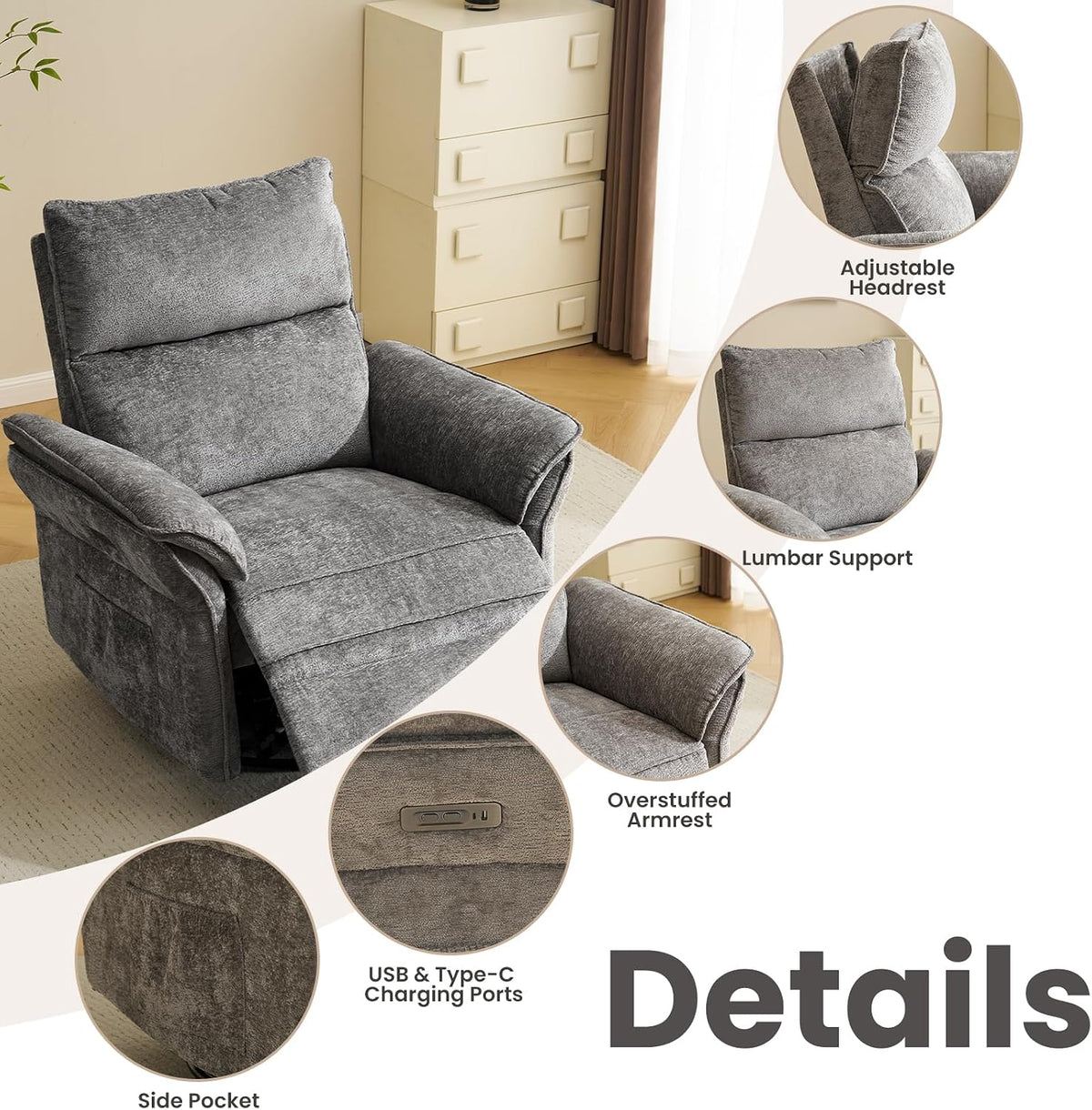 Oversized Swivel Rocker Recliner with Adjustable Headrest, Rocking Chair Nursery with Overstuffed Armrest, Manual Rocker Recliner Nursery Chair for Living Room, White