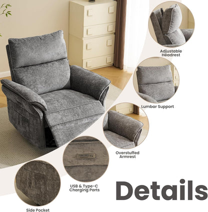 Oversized Swivel Rocker Recliner with Adjustable Headrest, Rocking Chair Nursery with Overstuffed Armrest, Manual Rocker Recliner Nursery Chair for Living Room, White