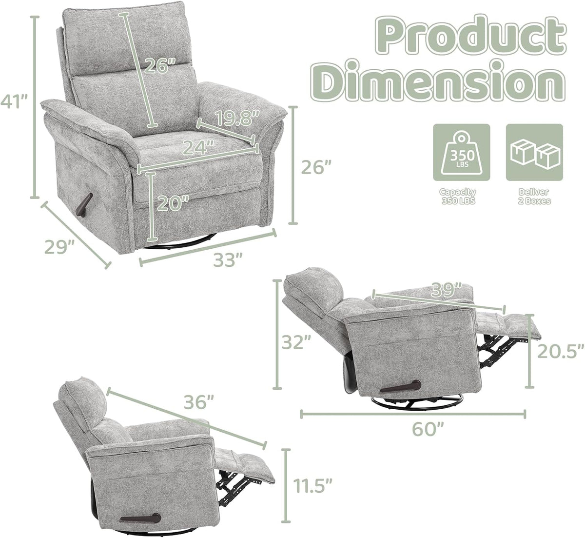 Oversized Swivel Rocker Recliner with Adjustable Headrest, Rocking Chair Nursery with Overstuffed Armrest, Manual Rocker Recliner Nursery Chair for Living Room, White