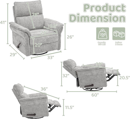 Oversized Swivel Rocker Recliner with Adjustable Headrest, Rocking Chair Nursery with Overstuffed Armrest, Manual Rocker Recliner Nursery Chair for Living Room, White