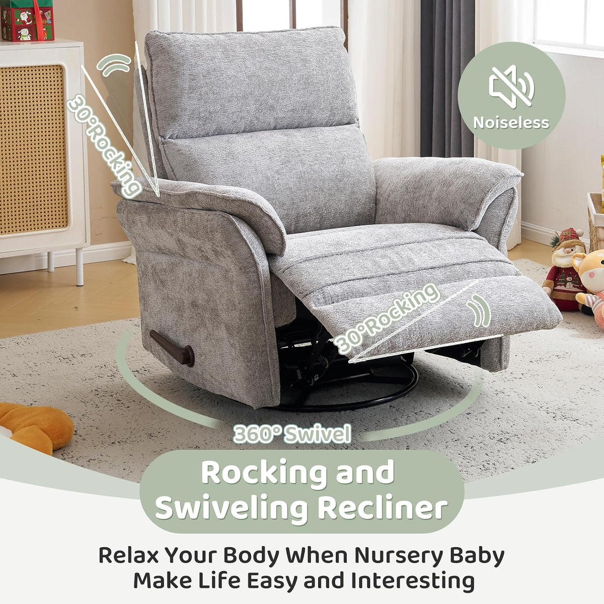 Oversized Swivel Rocker Recliner with Adjustable Headrest, Rocking Chair Nursery with Overstuffed Armrest, Manual Rocker Recliner Nursery Chair for Living Room, White