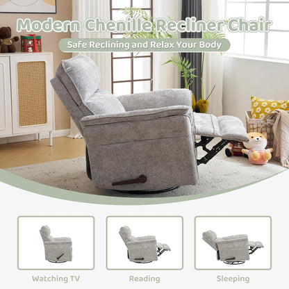 Oversized Swivel Rocker Recliner with Adjustable Headrest, Rocking Chair Nursery with Overstuffed Armrest, Manual Rocker Recliner Nursery Chair for Living Room, White