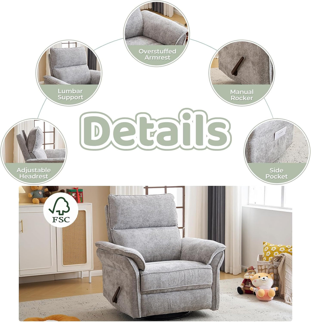 Oversized Swivel Rocker Recliner with Adjustable Headrest, Rocking Chair Nursery with Overstuffed Armrest, Manual Rocker Recliner Nursery Chair for Living Room, White