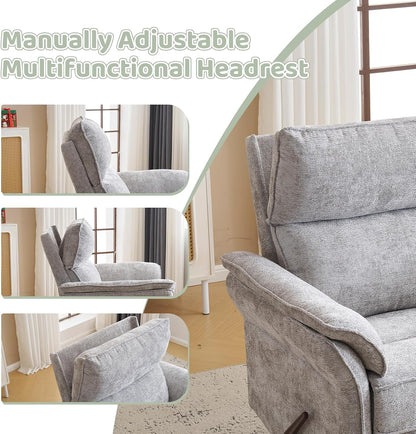 Oversized Swivel Rocker Recliner with Adjustable Headrest, Rocking Chair Nursery with Overstuffed Armrest, Manual Rocker Recliner Nursery Chair for Living Room, White