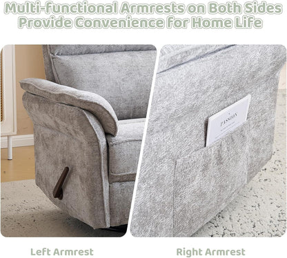 Oversized Swivel Rocker Recliner with Adjustable Headrest, Rocking Chair Nursery with Overstuffed Armrest, Manual Rocker Recliner Nursery Chair for Living Room, White