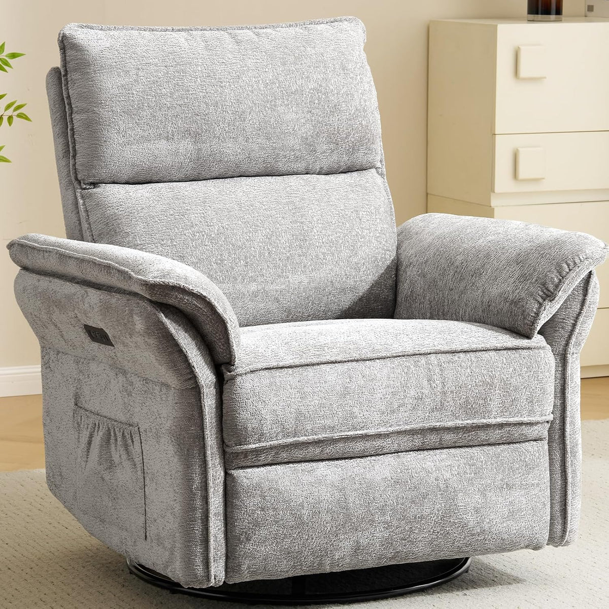 Oversized Swivel Rocker Recliner with Adjustable Headrest, Rocking Chair Nursery with Overstuffed Armrest, Manual Rocker Recliner Nursery Chair for Living Room, White