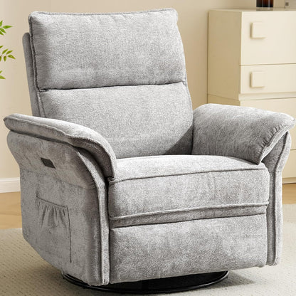 Oversized Swivel Rocker Recliner with Adjustable Headrest, Rocking Chair Nursery with Overstuffed Armrest, Manual Rocker Recliner Nursery Chair for Living Room, White