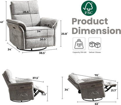 Oversized Swivel Rocker Recliner with Adjustable Headrest, Rocking Chair Nursery with Overstuffed Armrest, Manual Rocker Recliner Nursery Chair for Living Room, White